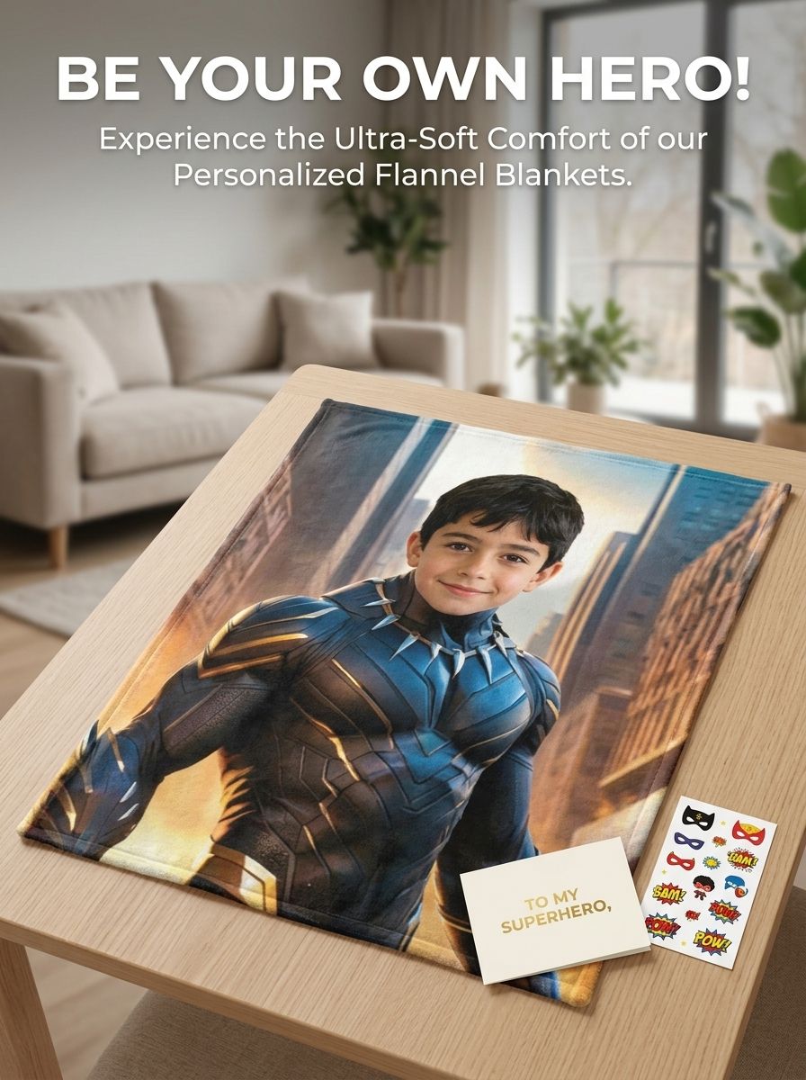 Custom Photo Superhero Flannel Blanket Ultra Soft Anti Pilling Plush Throw Cozy Personalized Hero Gift for Kids