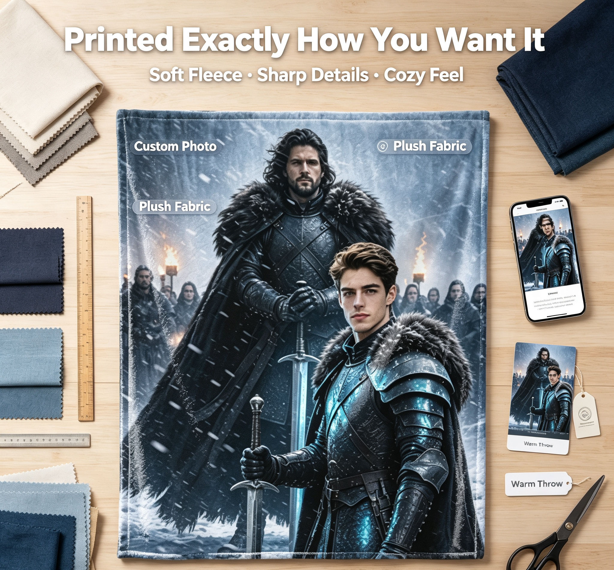 Custom Face Blanket Game of Thrones Jon Snow and Young Warrior Flannel Blanket Cozy Winter Bedding Gift for Fans and Collectors