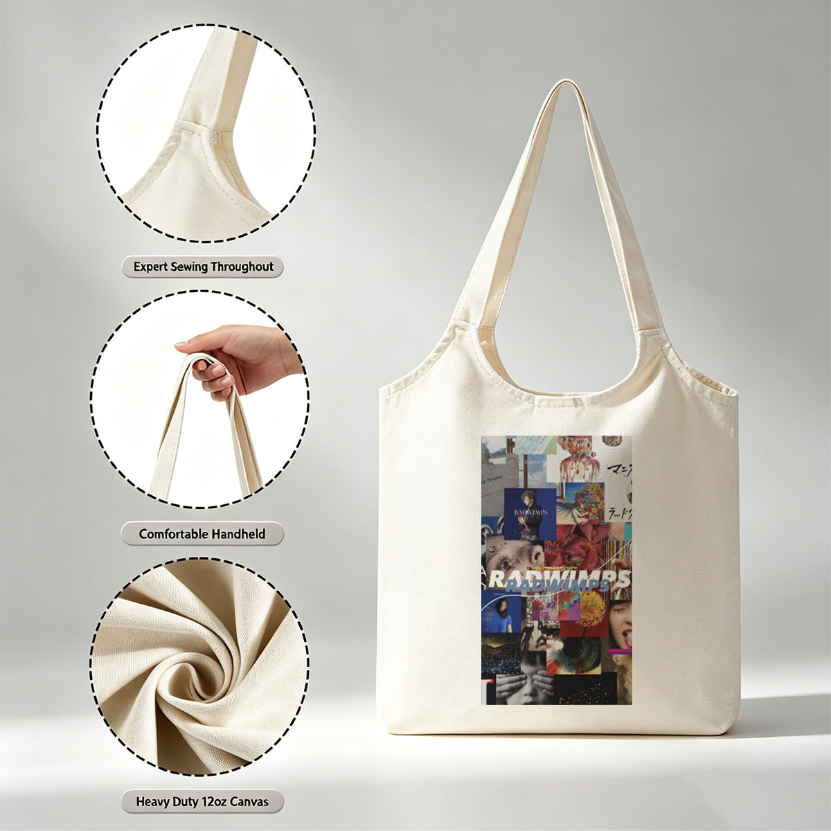 RADWIMPS Collage Artwork Featuring Band Members and Vibrant Visual Elements - Canvas shoulder bags/