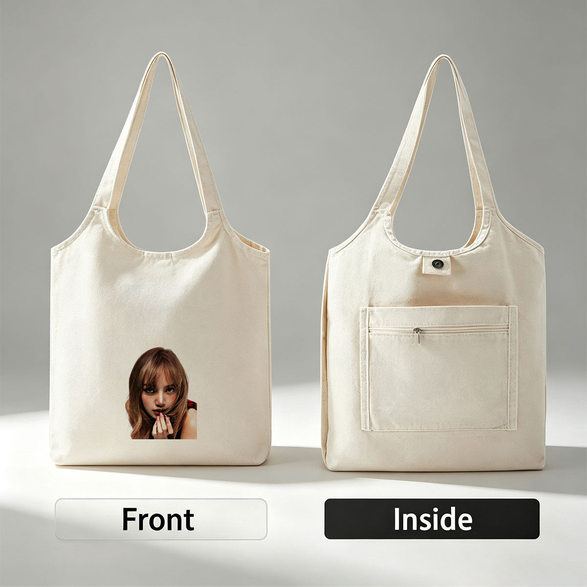 Lisa Blackpink Close-Up Portrait with Blush and Pink Nails on White Background - Canvas shoulder bags/