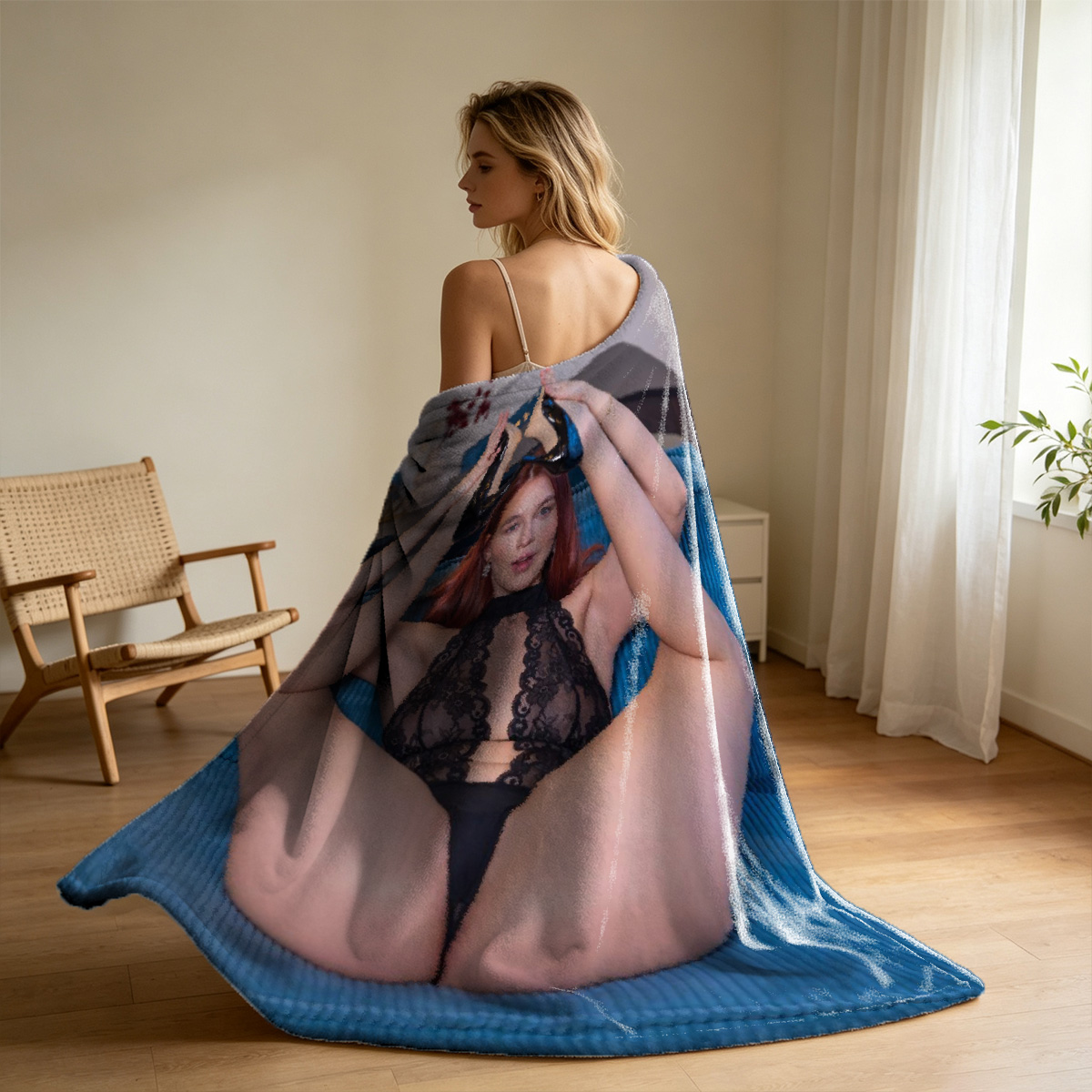 Nude Brunette Sitting on Wicker Chair by Fireplace - Blanket