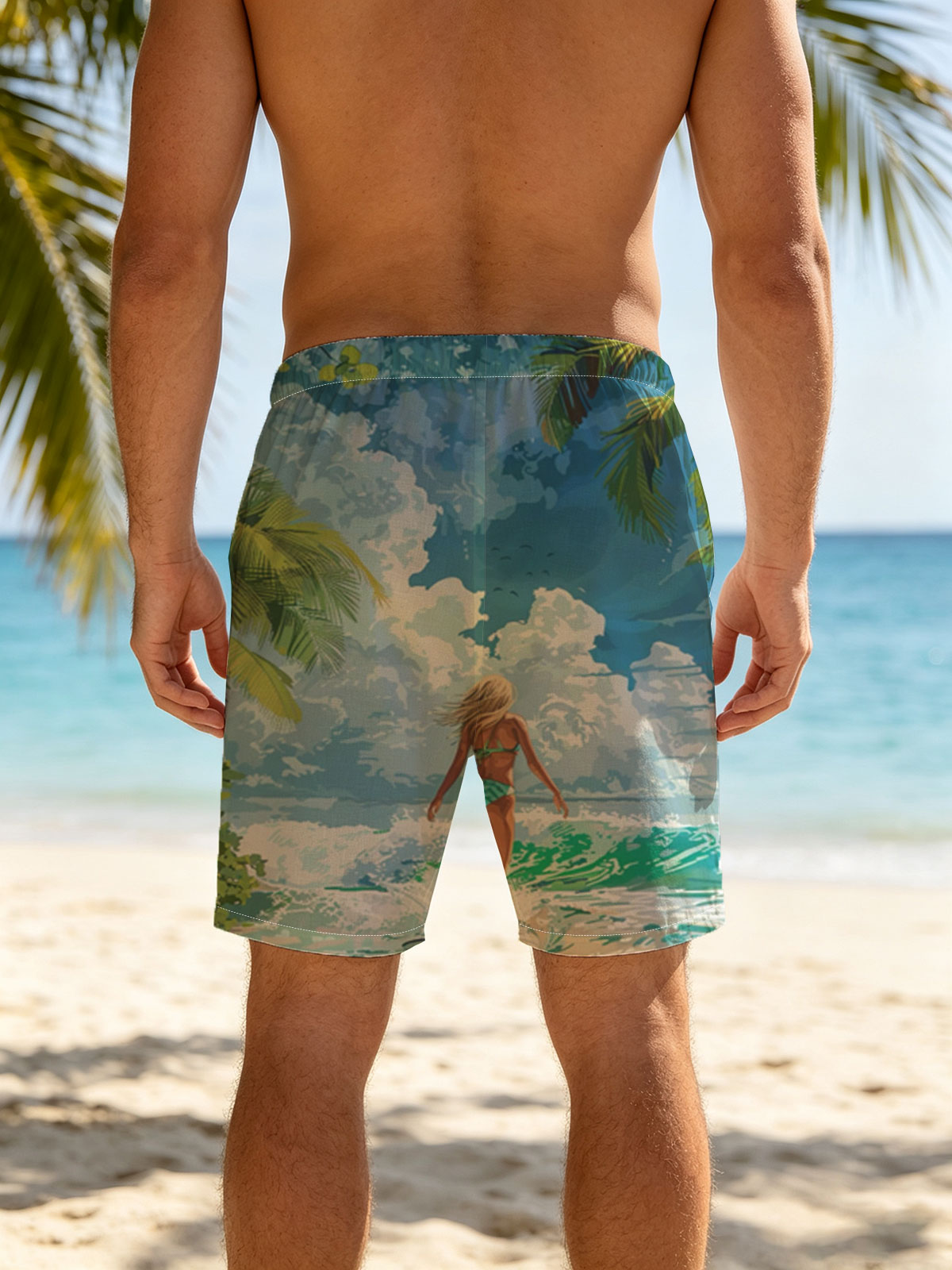 Woman surfing on tropical beach with palm trees and blue sky -  Beach shorts