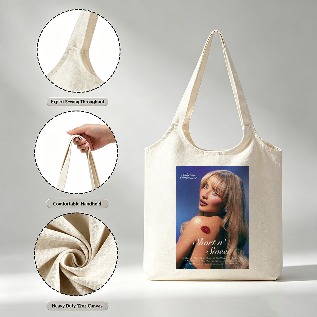 Sabrina Carpenter Album Cover Featuring Her with Lipӡ on Shoulder and Tracklist for Short n' Sweet - Canvas shoulder bags/