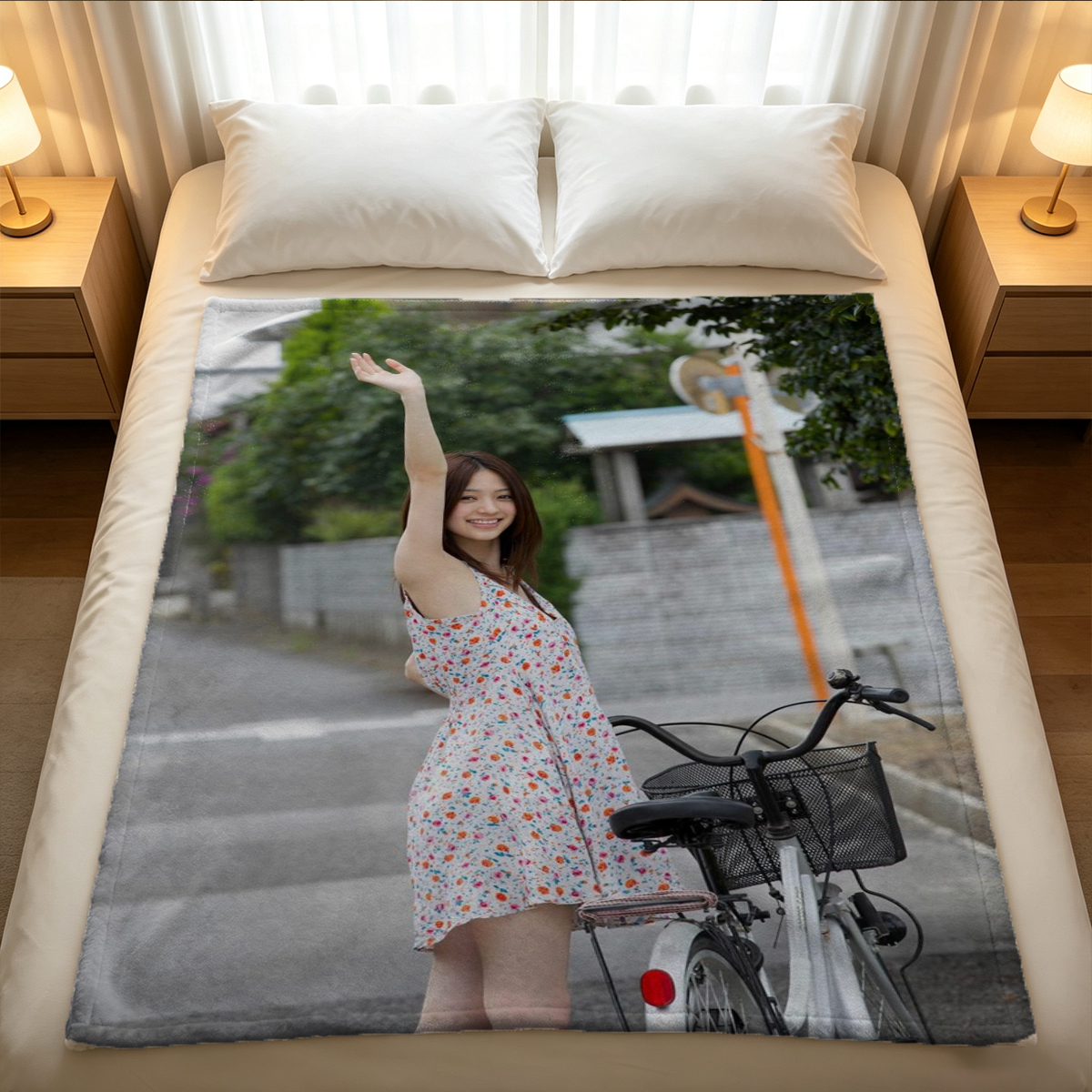 Elegant Japanese beauty in unbuttoned white shirt and black lingerie, seated on a tatami mat. - Blanket