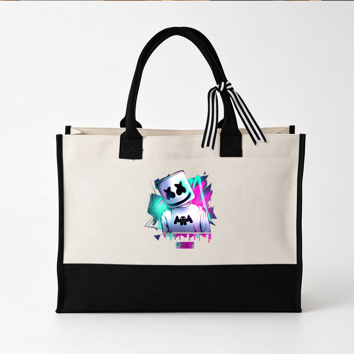 Marshmello DJ Performance with Neon Lights and Music Visualizer - Canvas patchwork gift tote bag