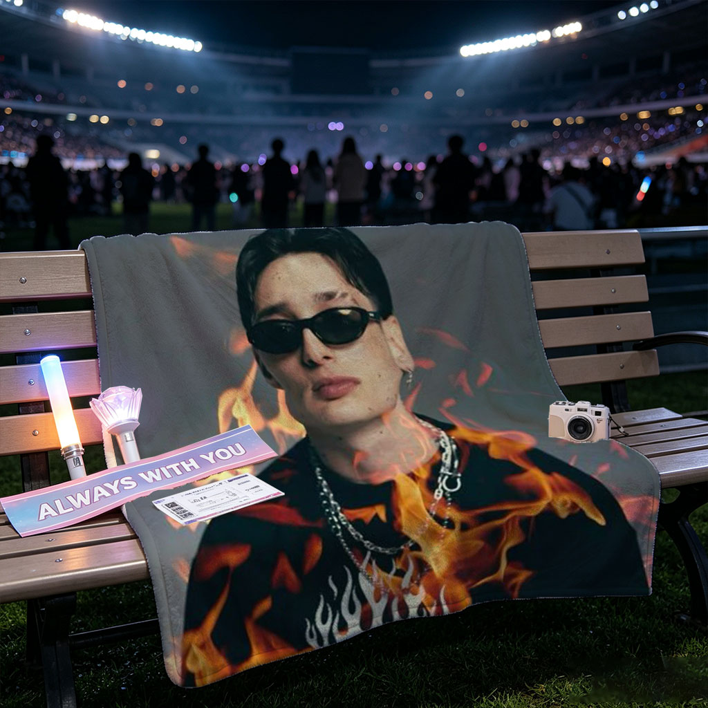 BTS Jungkook in Fiery Pose with Flames Surrounding Him - Blankets
