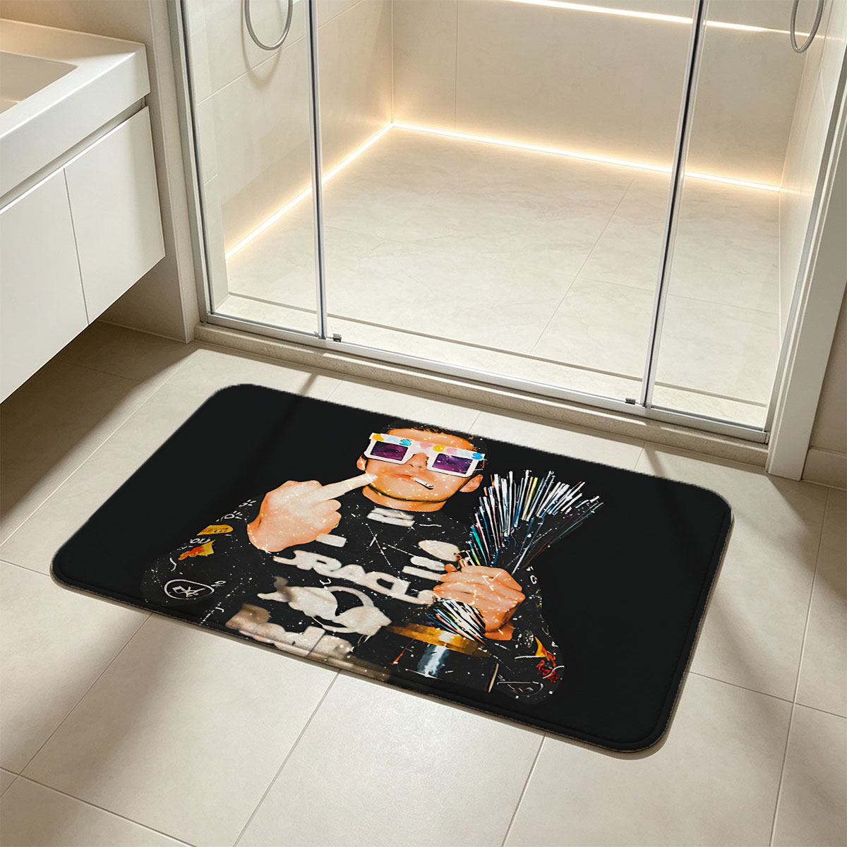 Man in Colorful Glasses Holding Sparklers and Smoking - Flannel floor mat