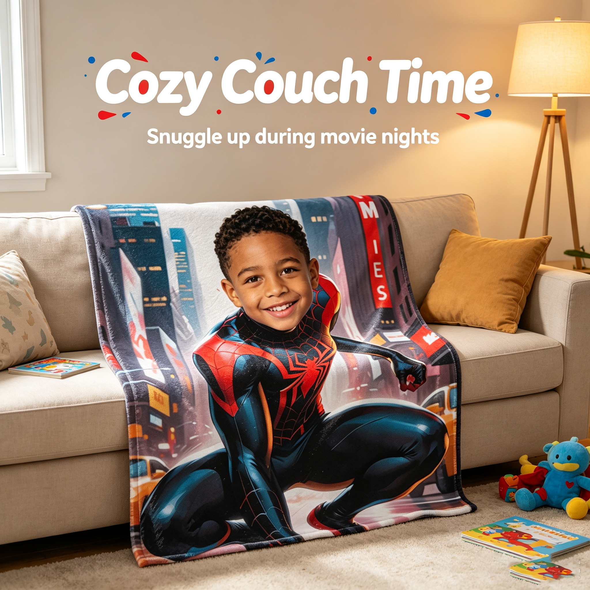 Personalized Marvel Miles Morales Fleece Blanket, Custom Upload Children Picture City Street Throw Blanket Bed Sofa Gift