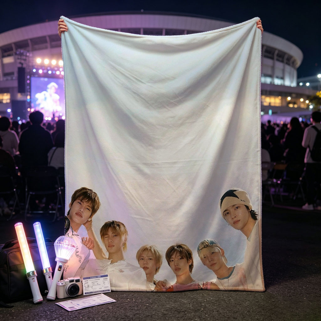 TXT Members Standing Together Under a Bright Sky in Casual Outfits - Blankets