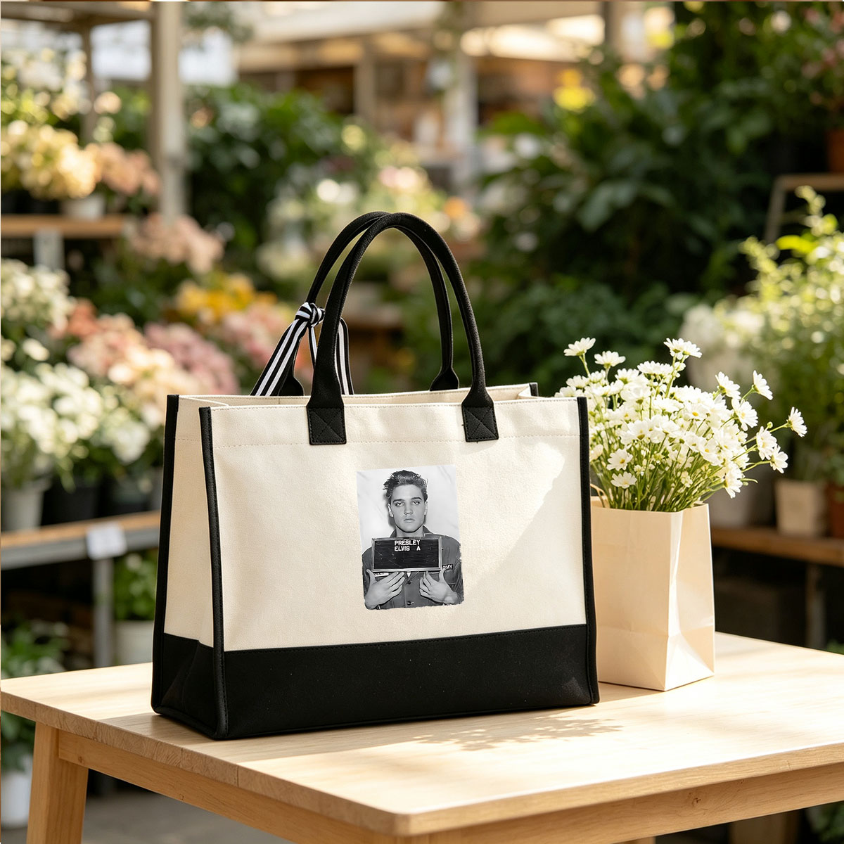 Elvis Presley Army Mugshot 1958 - Canvas patchwork gift tote bag