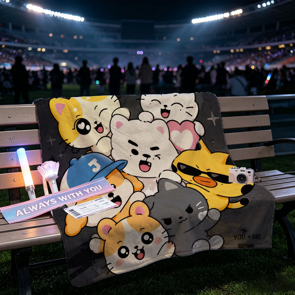 ENHYPEN Cute Cartoon Cats Group Pose on Dark Background Wallpaper - Blankets