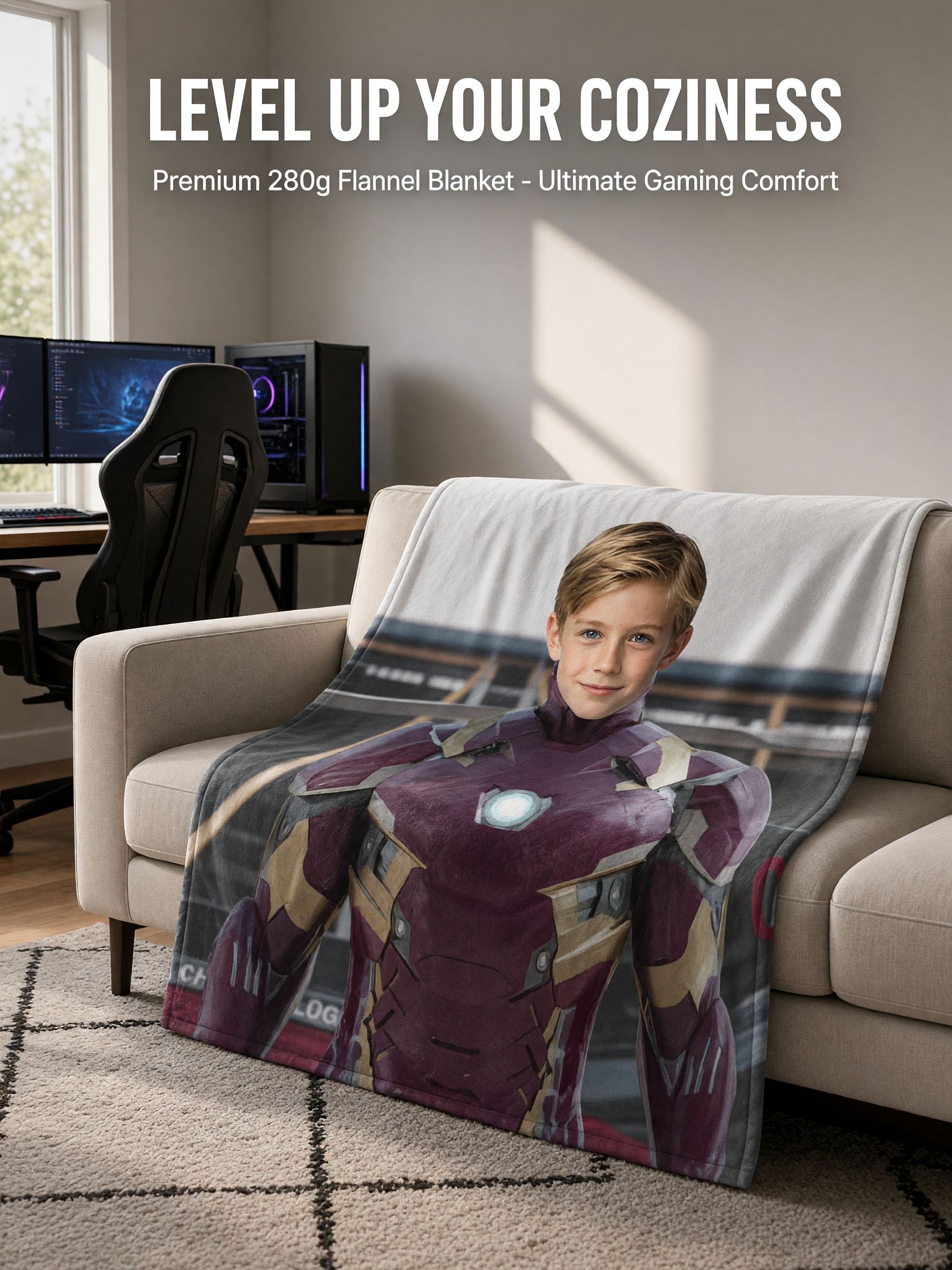 Custom Photo Face Blanket Personalized Superhero Armor Portrait Soft Flannel Fleece Throw Blanket Cozy Keepsake Gift