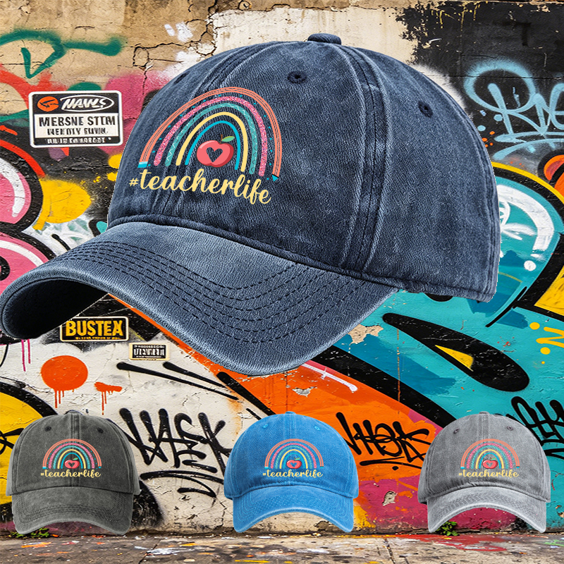 Unisex Classic Washed Hat with Rainbow Apple Print and #teacherlife Text – Perfect for Teachers, Educators, and School Events – Ideal Gift for Teaching Professionals