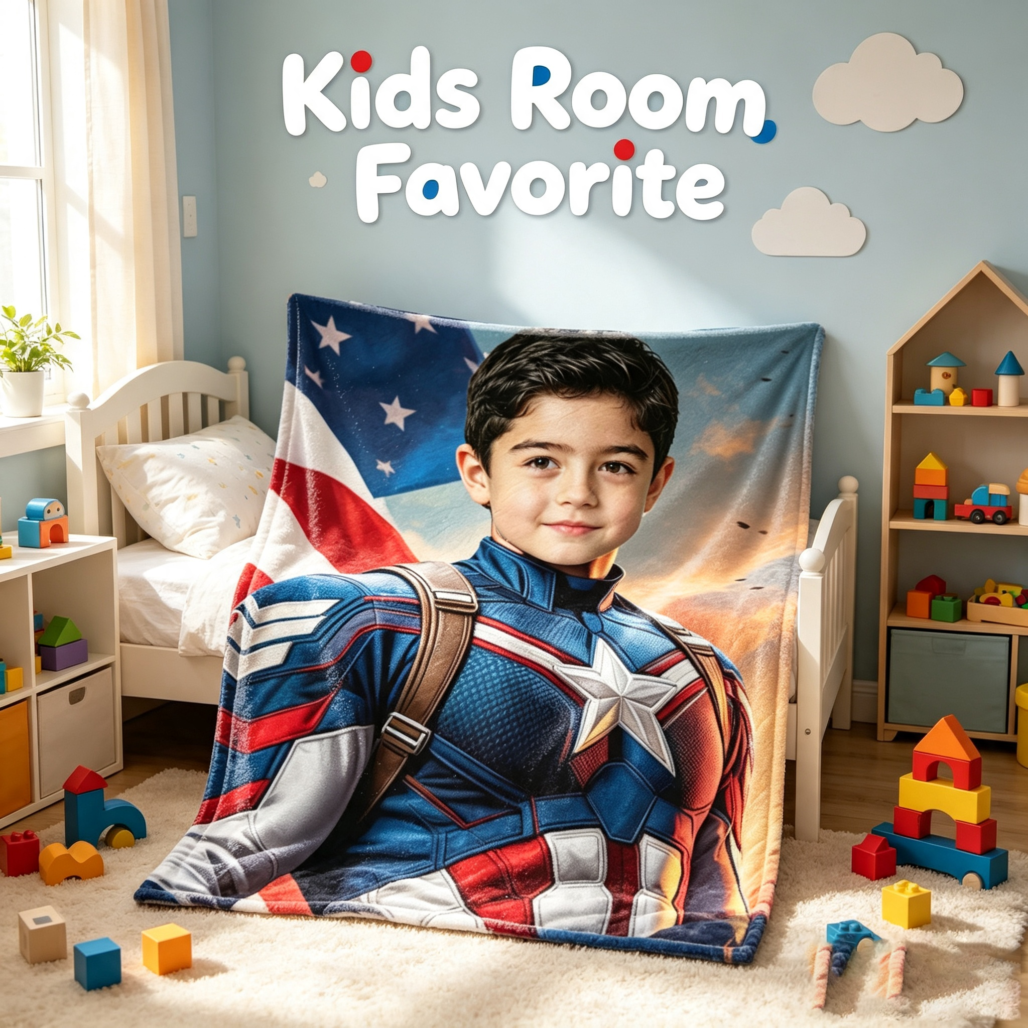 DIY Custom Photo Captain America Flannel Blanket – Personalized Hero-Themed Throw for Kids (Sofa Blanket Gift)