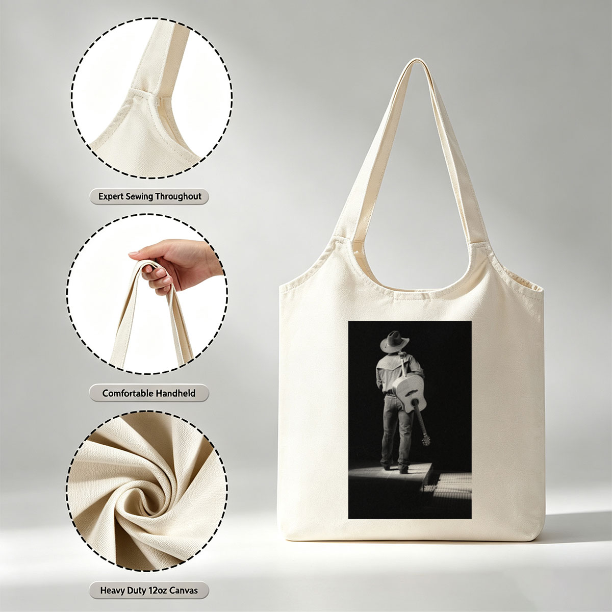 Willie Nelson on Stage with Acoustic Guitar in Black and White Portrait - Canvas shoulder bags/