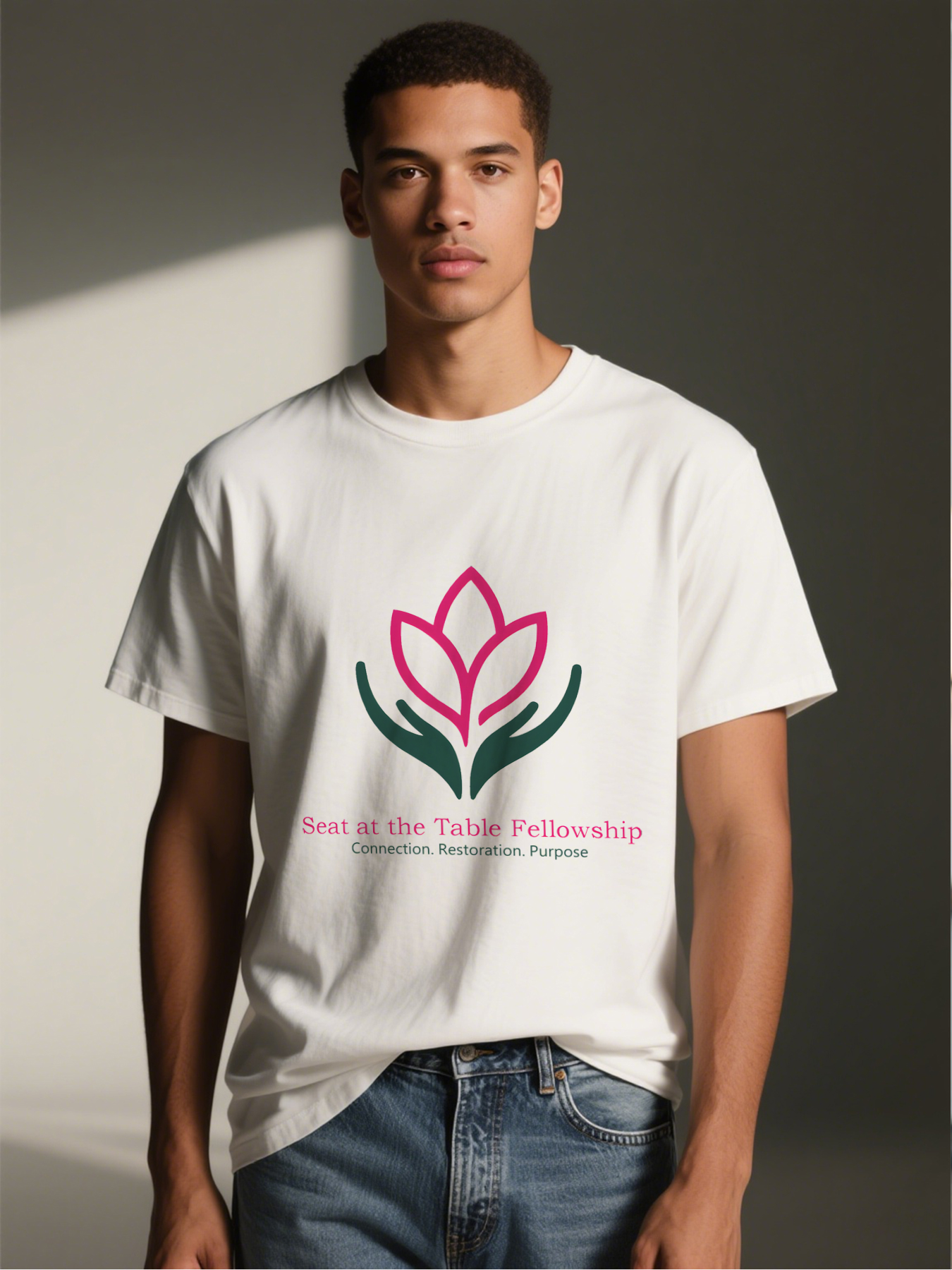 Men's Printed T-Shirt Seat at the Table Fellowship Lotus Hands Design Casual Round Neck Summer Lightweight Breathable Short Sleeve T-Shirt for Spiritual Community Events and Daily Wear Adult Men
