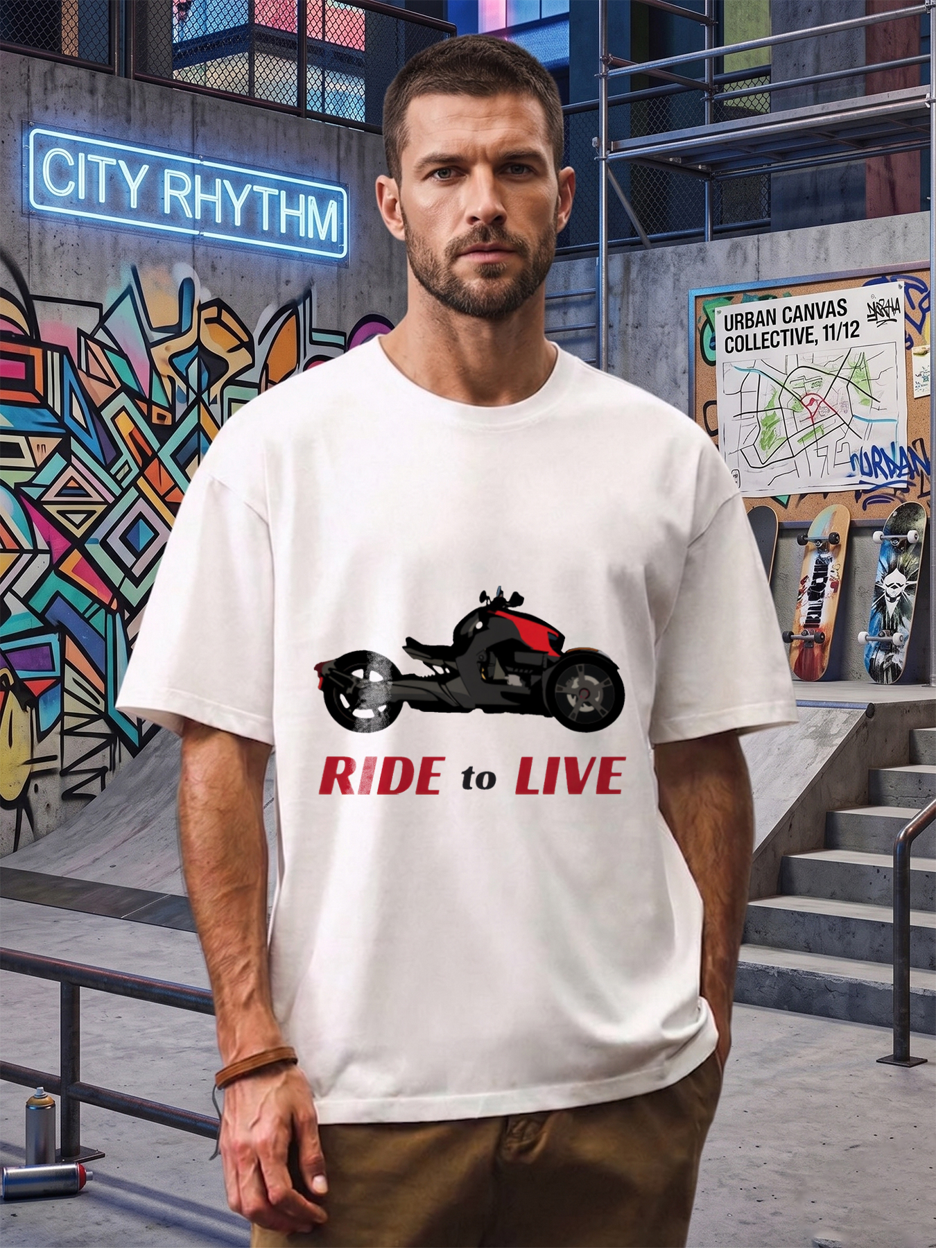 Men's Printed T-Shirt Ride to Live Motorcycle Graphic Casual Round Neck Summer Lightweight Breathable Short Sleeve T-Shirt for Motorbike Enthusiasts and Bikers