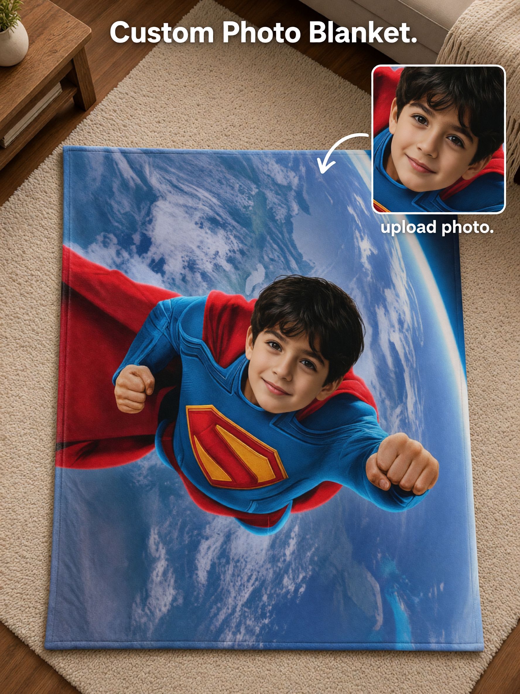 Custom Superhero Face Photo Blanket, Ultra Soft Flannel Fleece Throw, Ideal Personalized Gift for Kids and Family