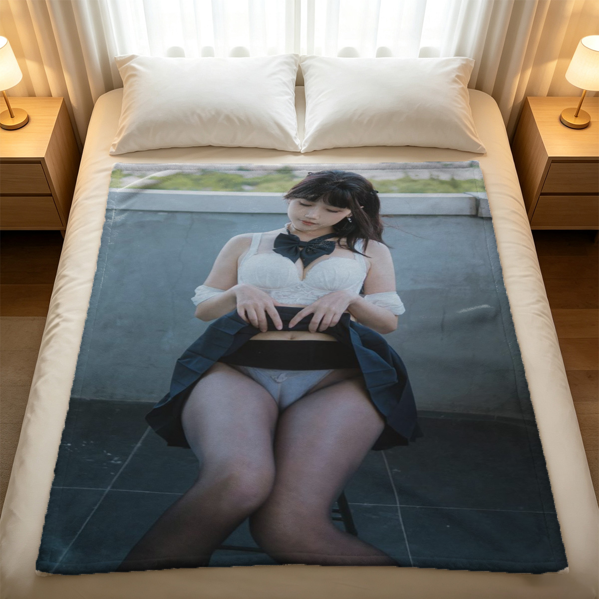 Blonde Nude on Sofa, Smiling Seductively - Blanket
