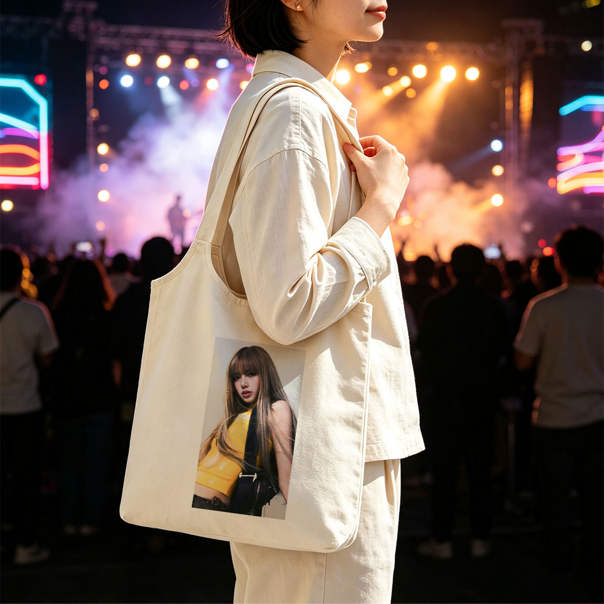 Lisa Blackpink Fashion Shoot in Yellow Crop Top and Black Bag - Canvas shoulder bags/