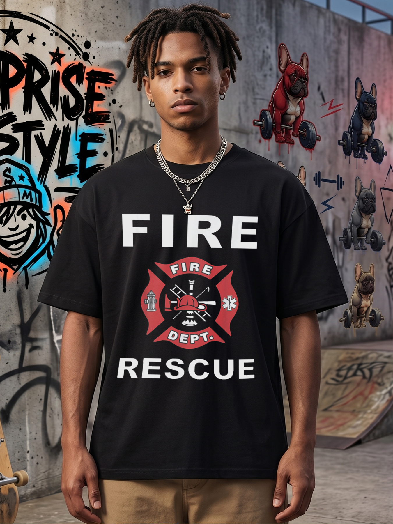 Men's Fire Rescue Department Print T-Shirt with Maltese Cross and Firefighter Emblem Graphic, Casual Round Neck Lightweight Breathable Summer Short Sleeve Tee for Firefighters, Emergency Responders, and Outdoor Enthusiasts