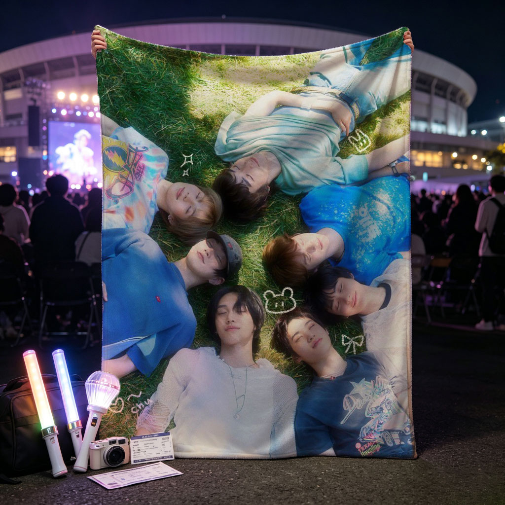 ENHYPEN Lying on Grass in a Circle with Playful Expressions and Cute Emojis - Blankets