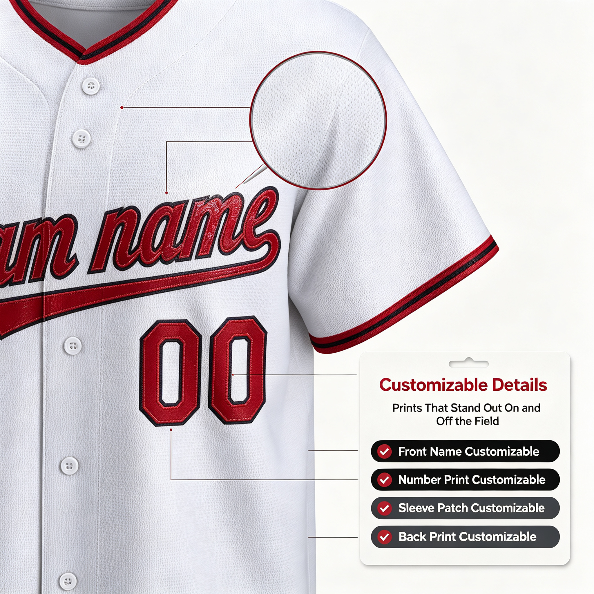 Custom Printed Cleveland Script Style Baseball Jersey White Navy Red Trim Button Down Shirt for Men and Women