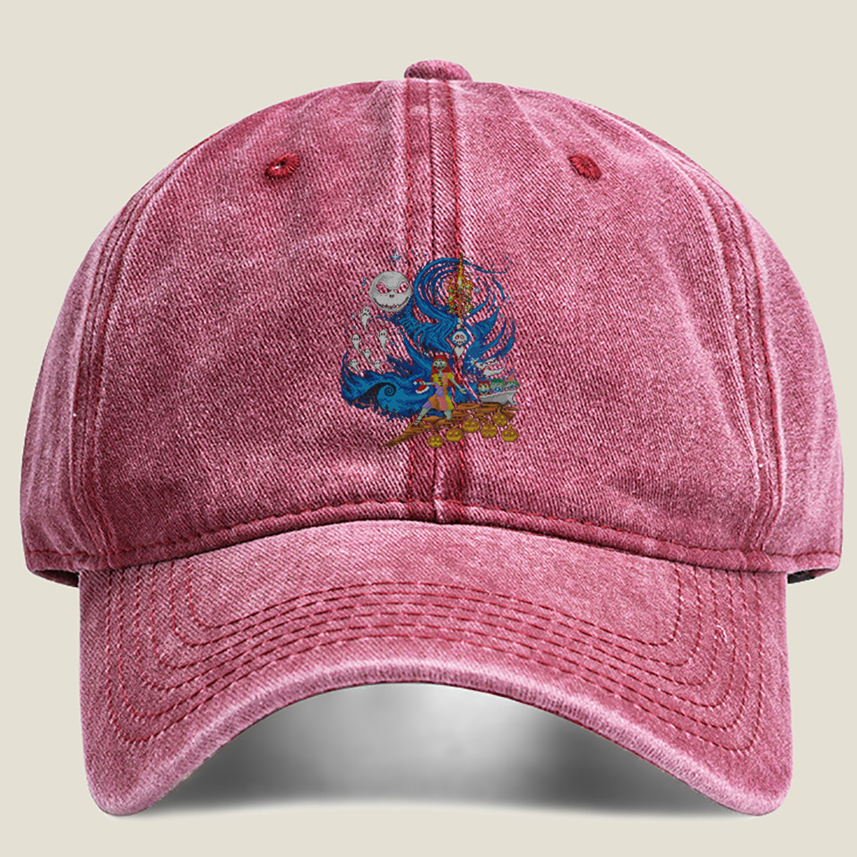 The Nightmare Before Christmas: Jack Skellington and Sally in a Magical Night Scene - Washed Denim - Baseball Cap
