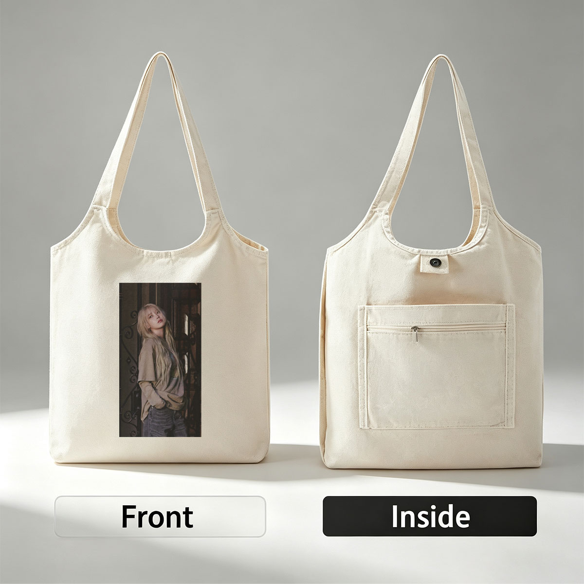 IVE Yujin in a Moody Urban Scene Wearing a Beige Oversized Sweater and Jeans - Canvas shoulder bags/