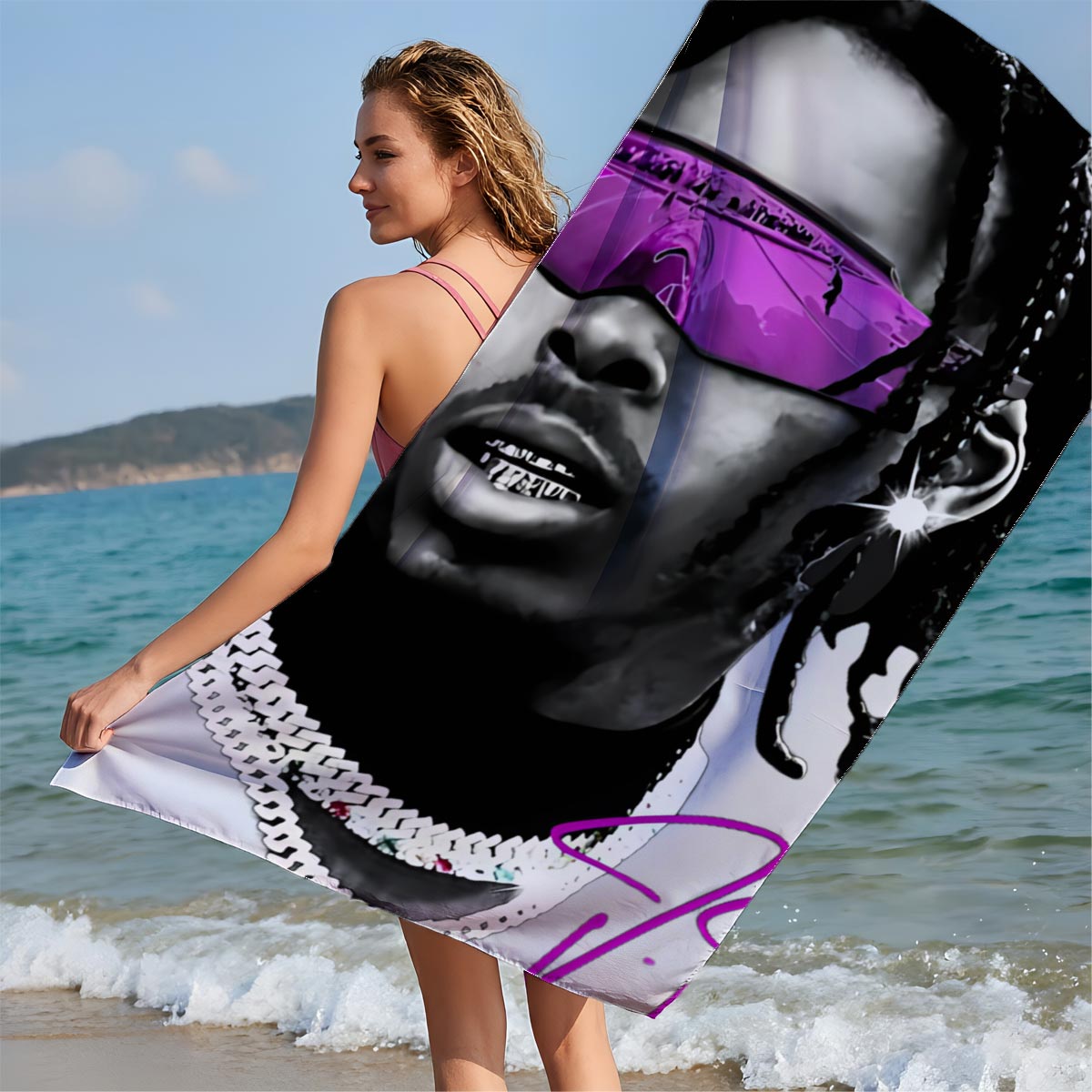 Lil Durk in Purple Sunglasses and Chain Necklace - Beach towels