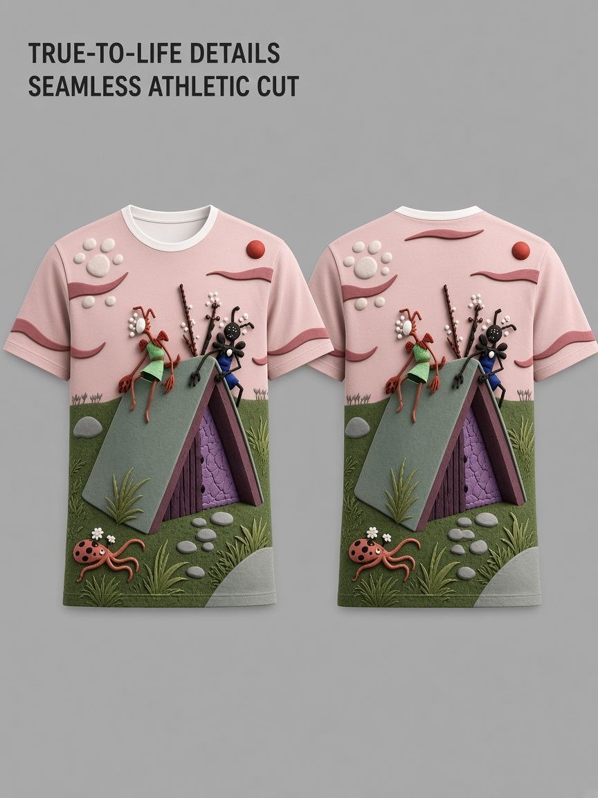 Whimsical Clay Insect Cottage 3D Optical Illusion Graphic Tee Breathable Athletic Mesh T-Shirt Casual Sports Wear