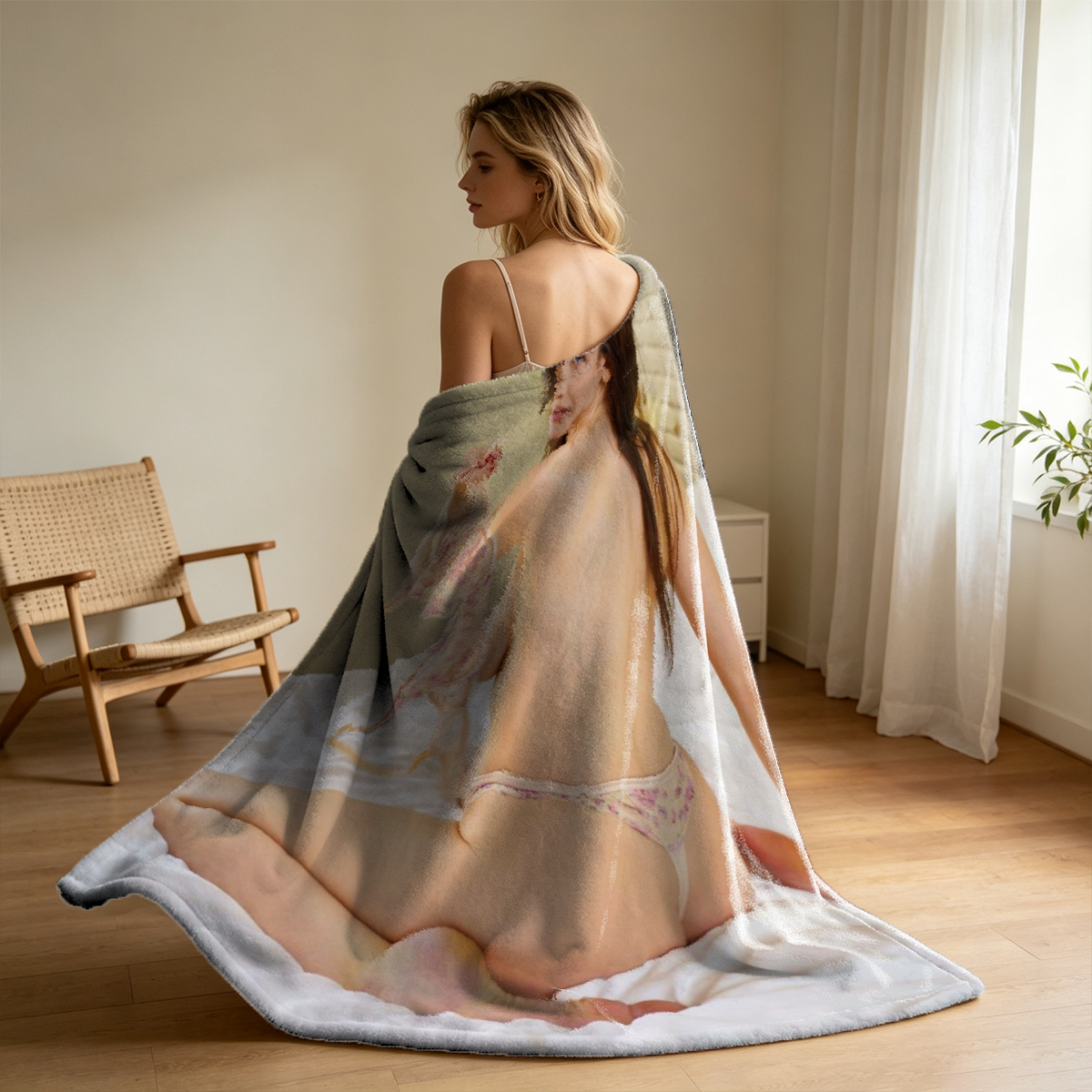 Red Lingerie Seduction on Ottoman - Blanket