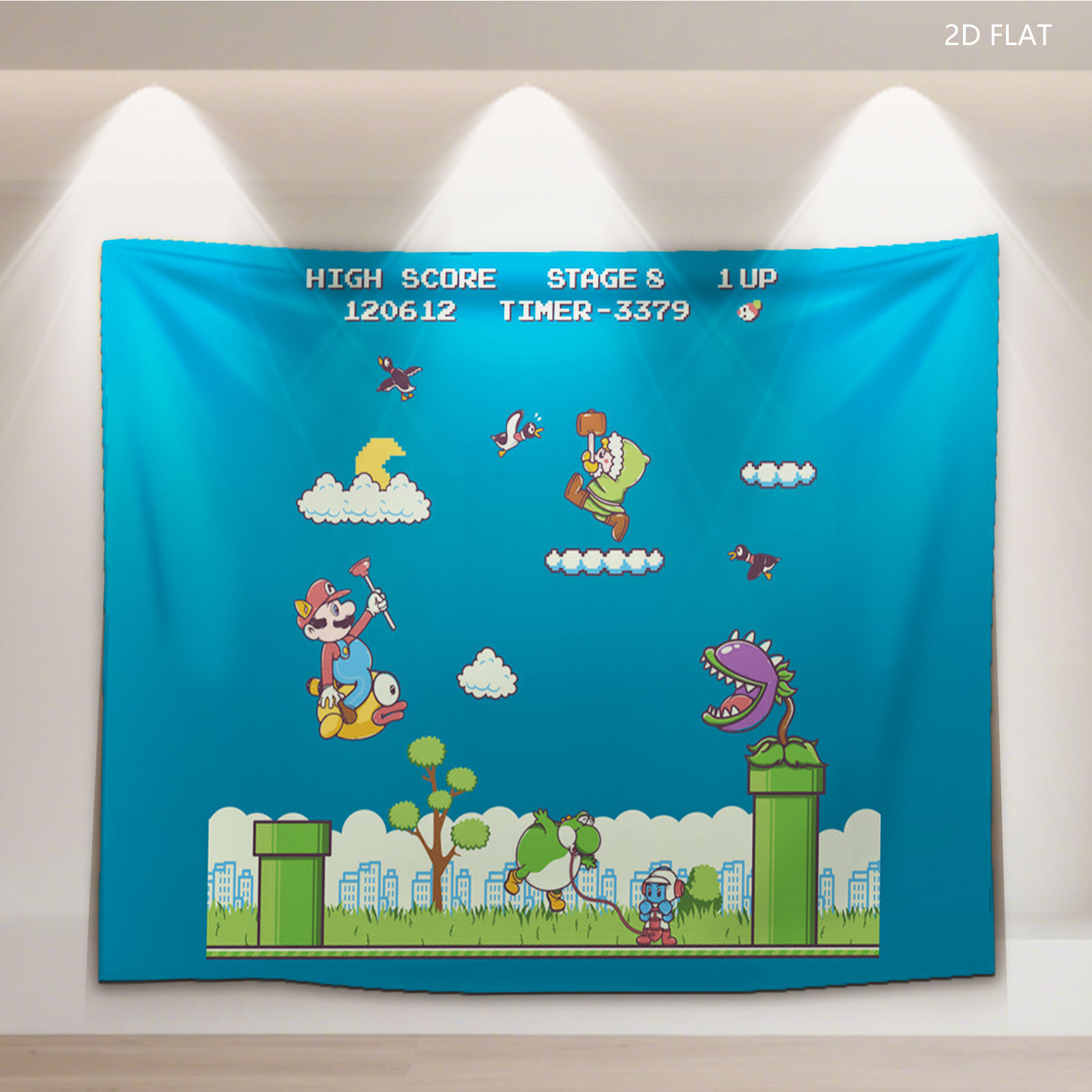 Mario, Yoshi, and Koopa in a vibrant platformer scene with high score and stage details - Tapestry
