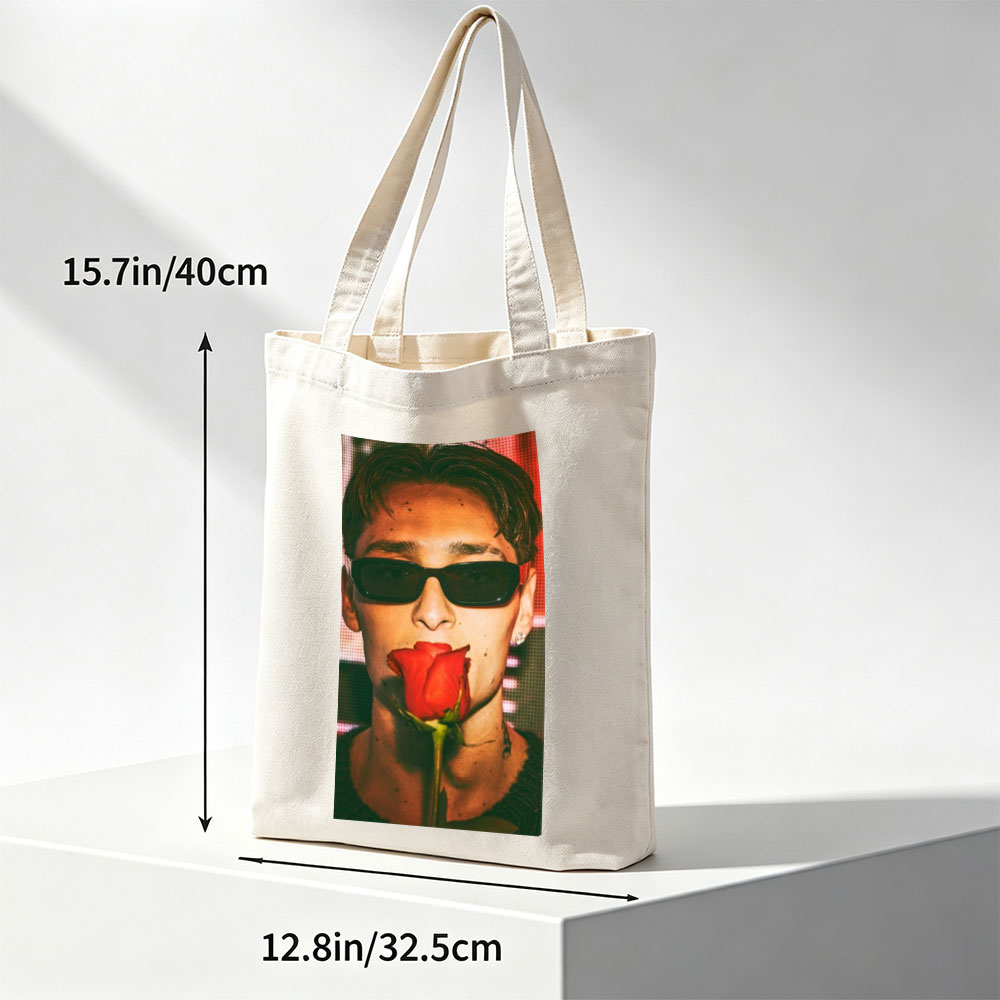 Anwar Hadid Holding a Red Rose with Sunglasses on a Digital Background - Canvas tote bags