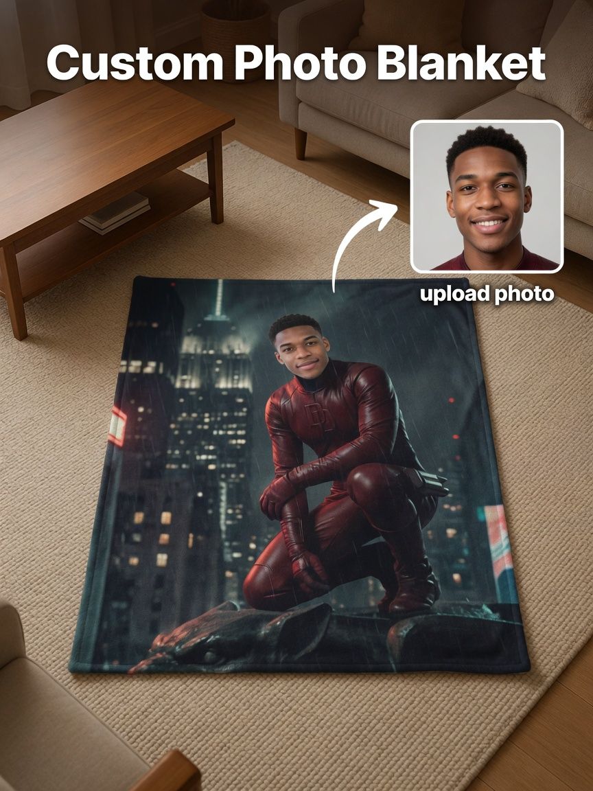 Custom Face Photo Superhero Fleece Blanket Personalized Soft Flannel Throw for Bed Couch and Cozy Gift