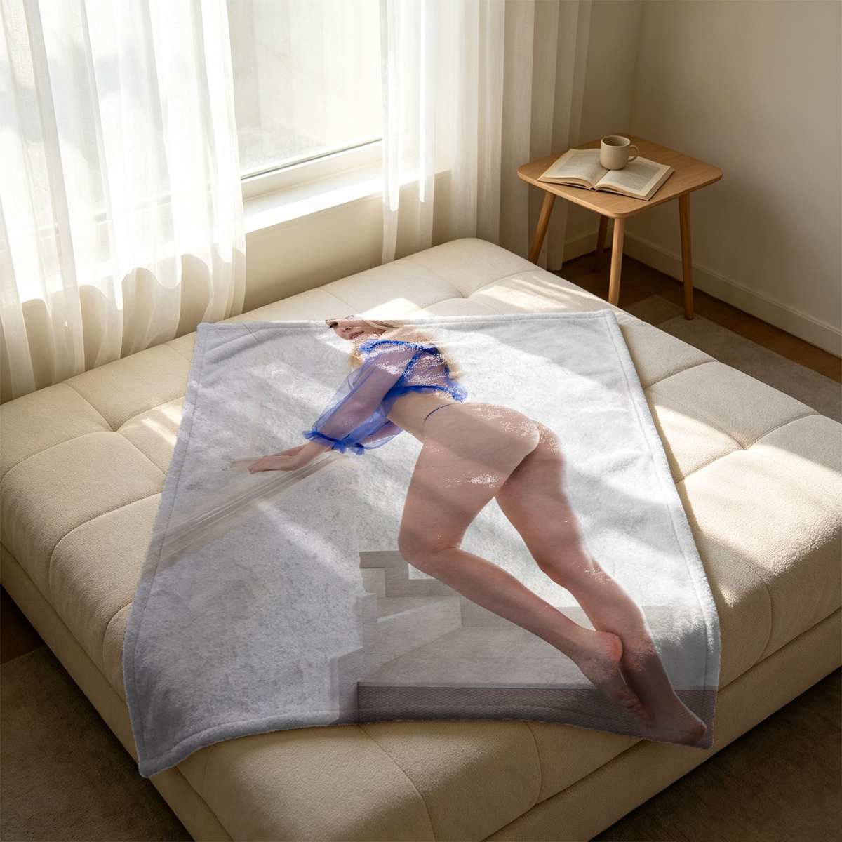 Nude Asian beauty in white stockings kneeling on bed by window - Blanket
