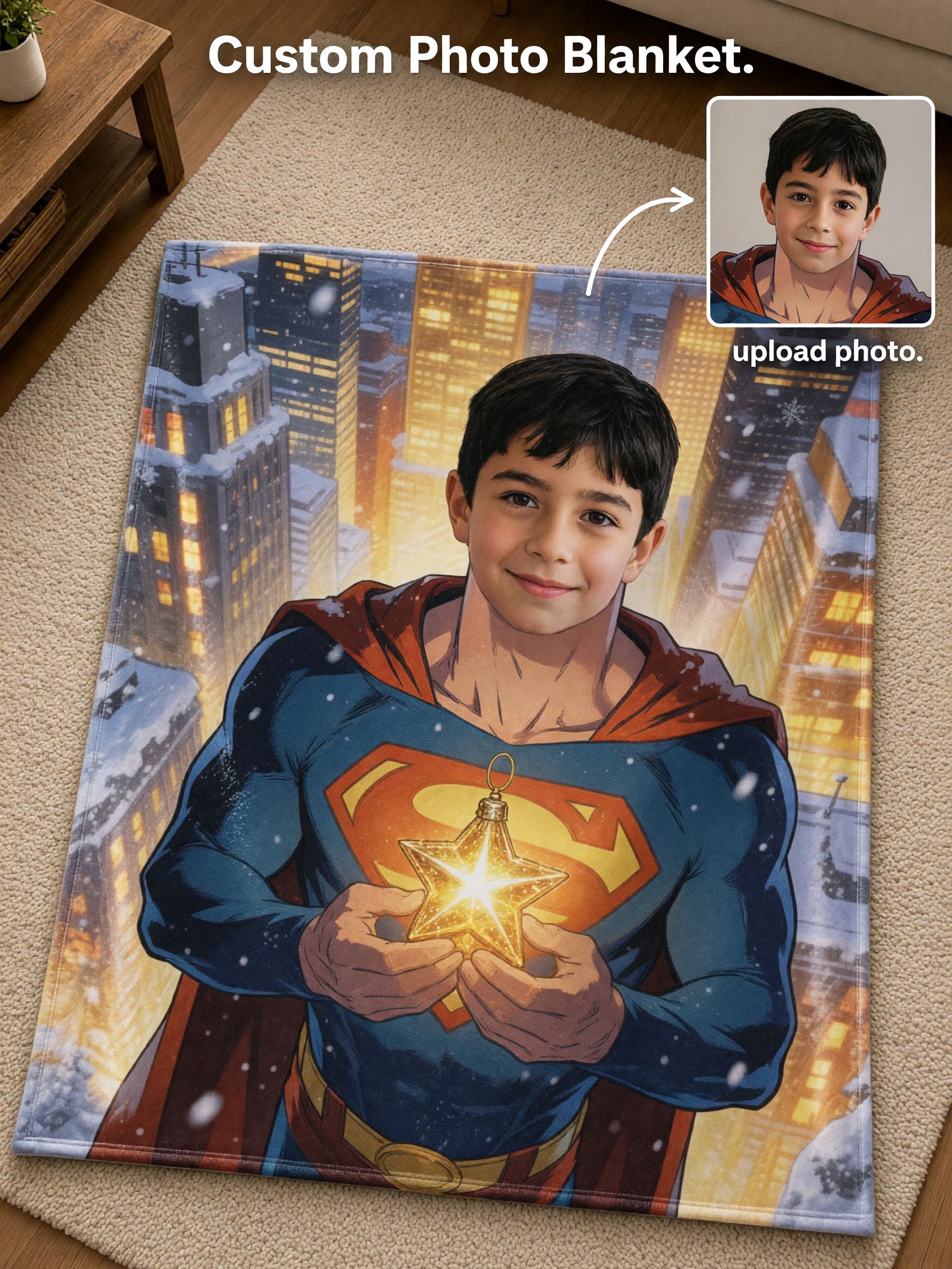 Custom Photo Face Blanket Superhero Flannel Fleece Throw Soft Personalized Gift for Kids Couch Bed