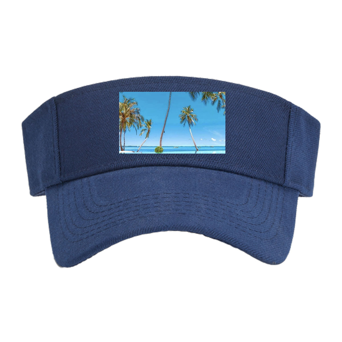 Tropical palm trees reflected in crystal-clear infinity pool under a vibrant blue sky. -  Visor cap