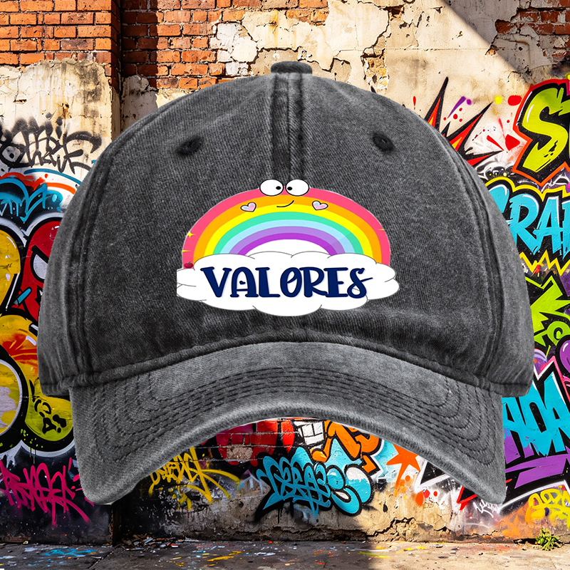 Unisex Classic Washed Cap with Rainbow and Valores Print - Casual Streetwear Hat for Outdoor Activities, Perfect for Youth and Adults Seeking Fun, Colorful Style