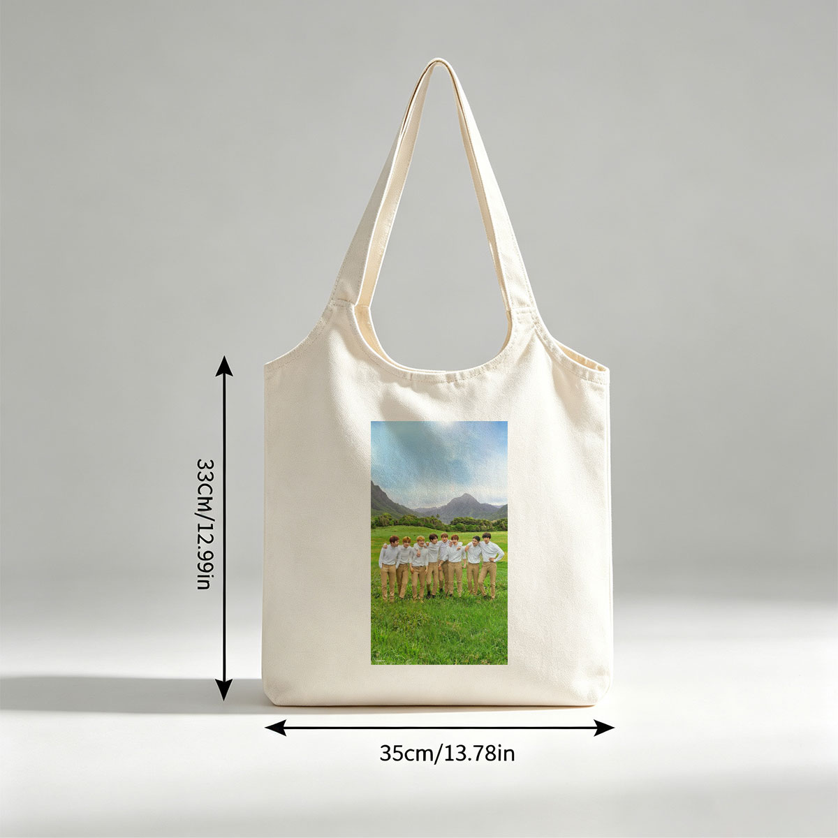 BTS in a Serene Mountain Field Wearing Matching White Shirts and Beige Pants - Canvas shoulder bags/