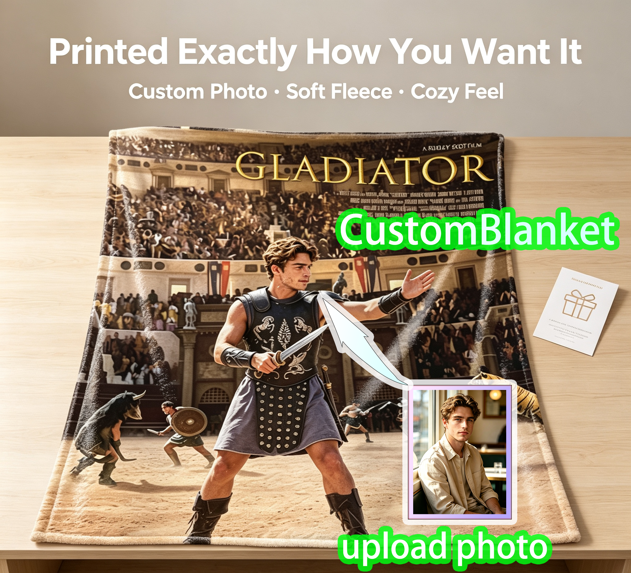 Custom Face Blanket Gladiator Movie Inspired Flannel Blanket for Couch, Bed, or Travel – Perfect Gift for Movie Fans and Roman History Enthusiasts