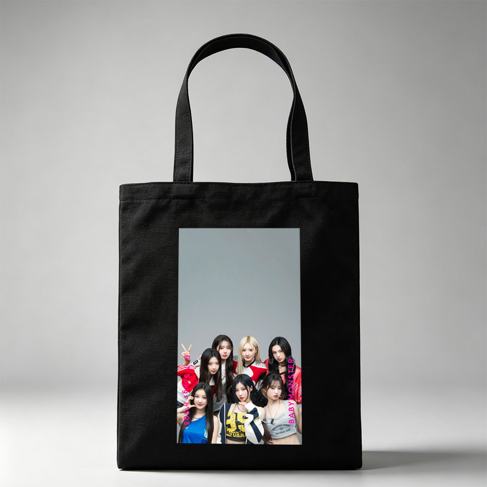BABYMONSTER Group Photo - Seven Members Posing in Casual Outfits with Playful Expressions and Hand Gestures - Canvas tote bags