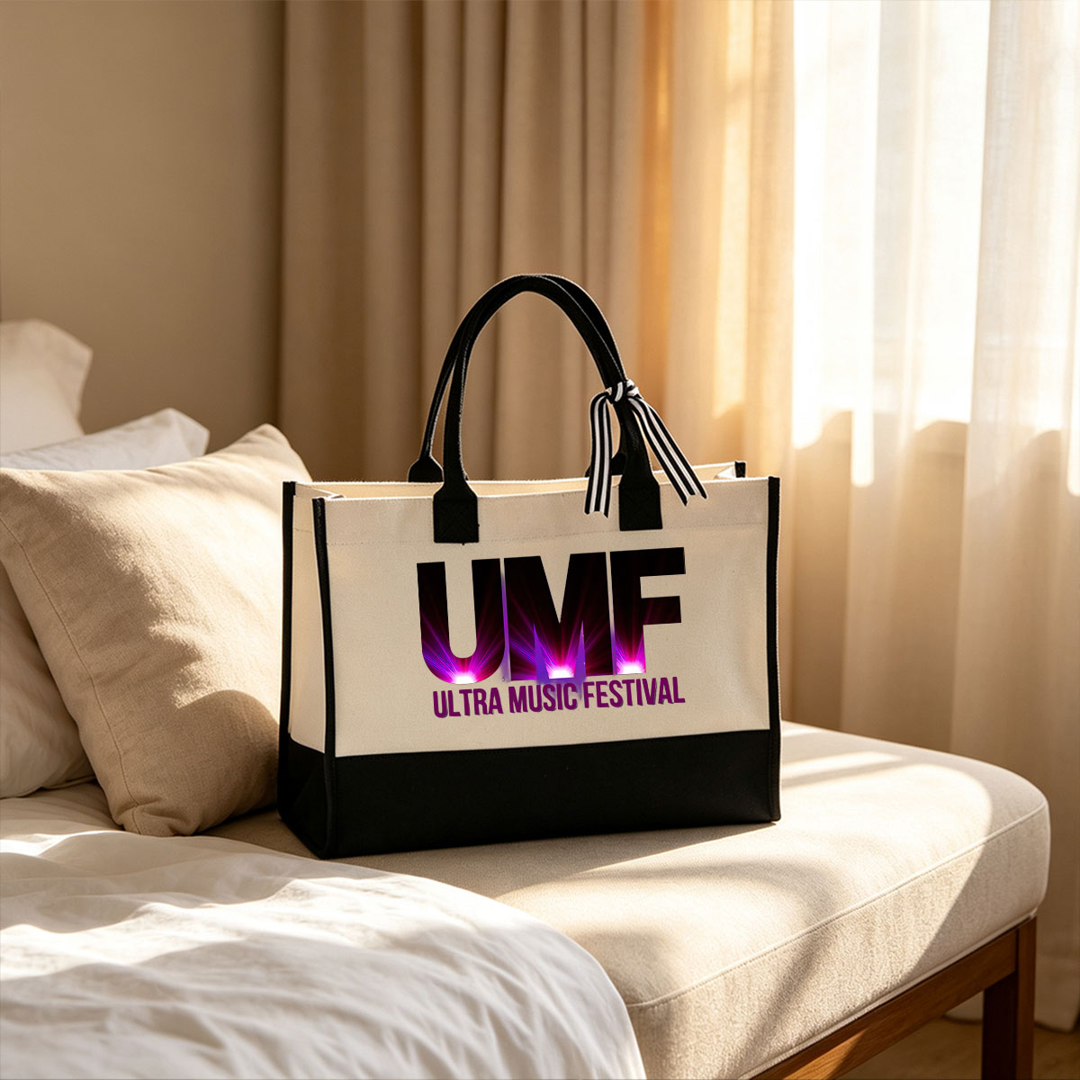Ultra Music Festival: UMF Logo with Vibrant Light Effects - Canvas patchwork gift tote bag