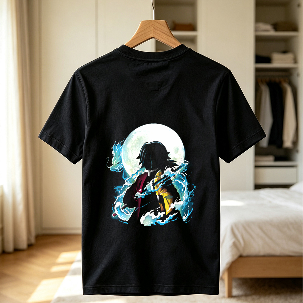 Demon Slayer Tanjiro Kamado Water Breathing Moon Background - Tee