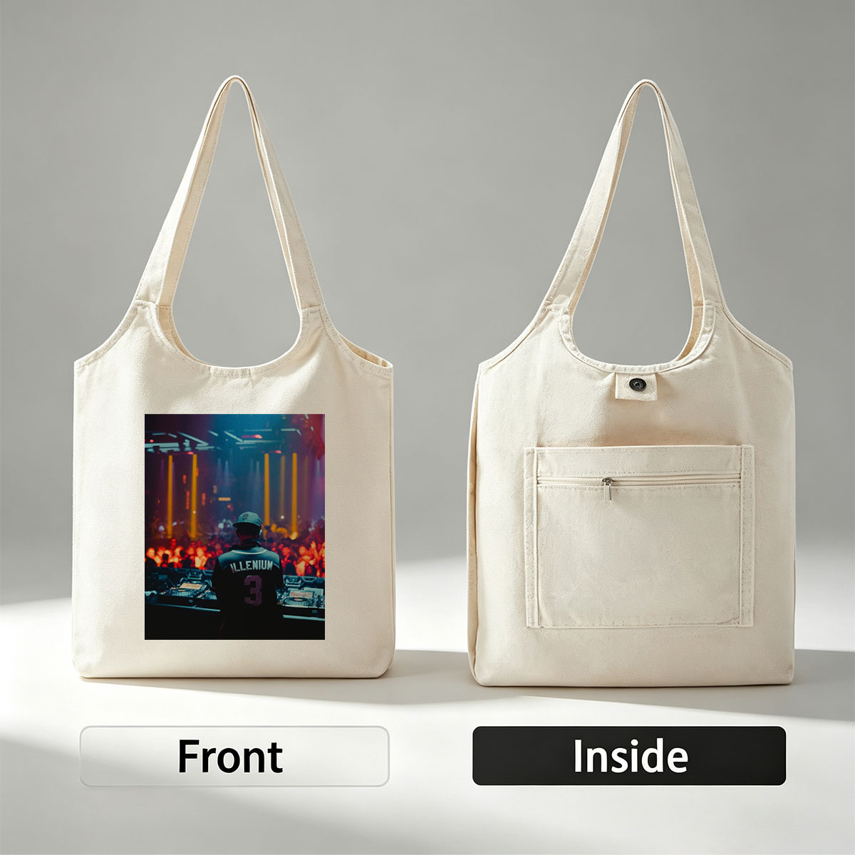 Illenium Live Performance at a Vibrant Music Festival with Crowd and DJ Setup - Canvas shoulder bags/