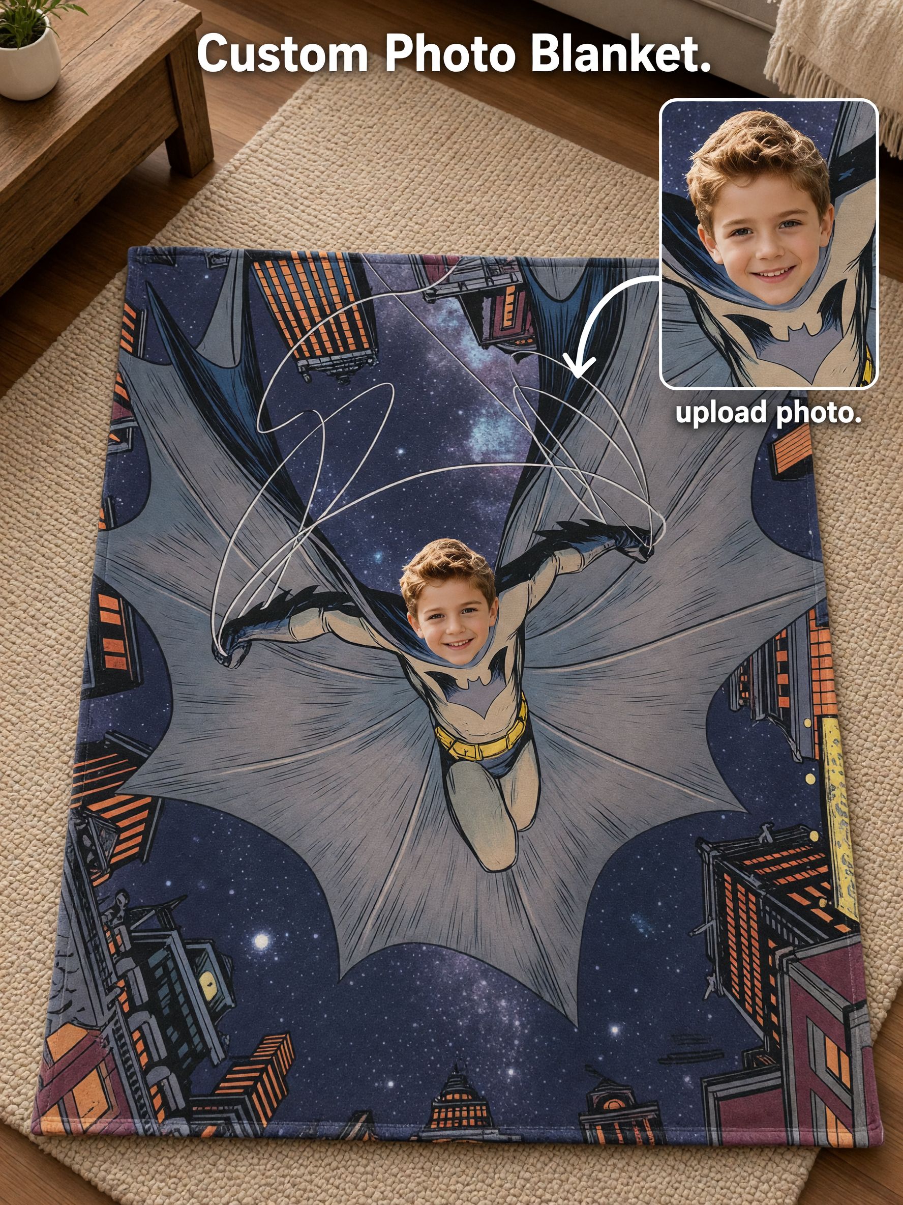 Custom Superhero Face Photo Blanket, Personalized Soft Flannel Throw, Comic Flying Hero Couch Wrap, Unique Memory Gift