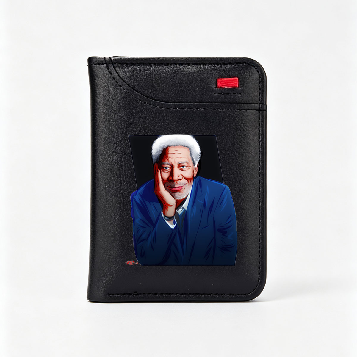 Morgan Freeman in a Blue Suit, Resting His Chin on Hand - Vertical Style Wallet