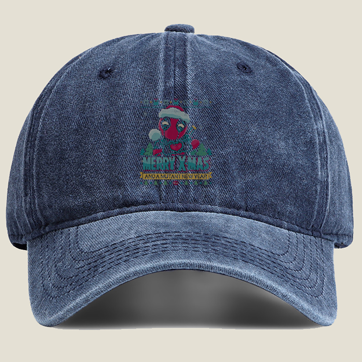 Deadpool Christmas Sweater: Merry X-Mas and a Mutant New Year - Washed Denim - Baseball Cap