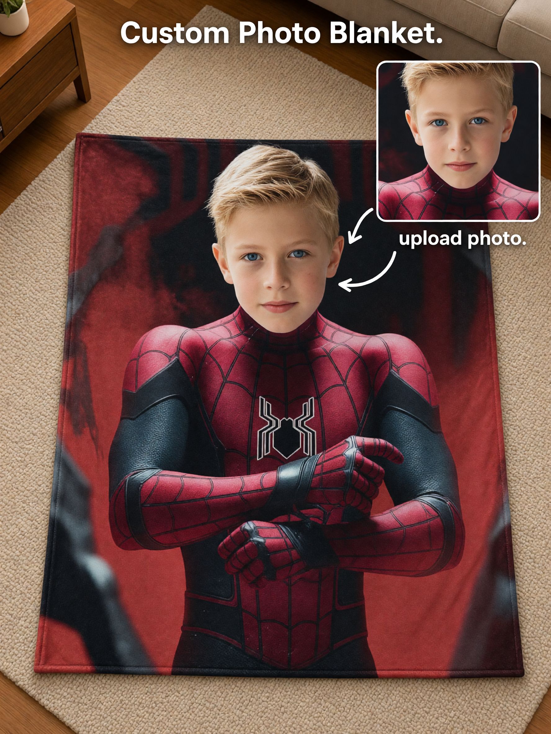 Custom Face Flannel Throw Blanket with Red and Black Spider Superhero Suit Design, Ultra-Soft Personalized Photo Gift