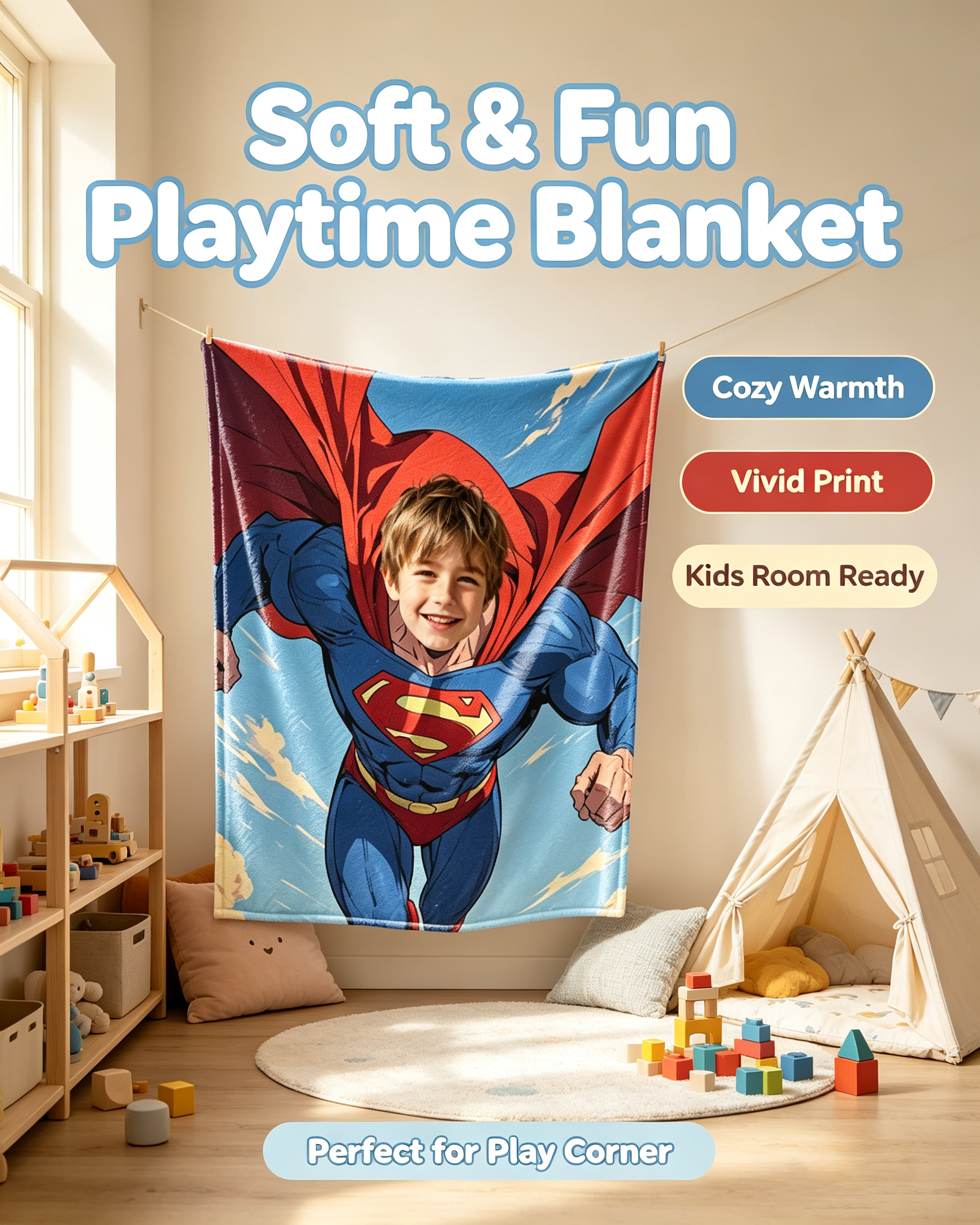 Custom Superhero Blanket – Personalized Name & Face, Soft Fleece Throw